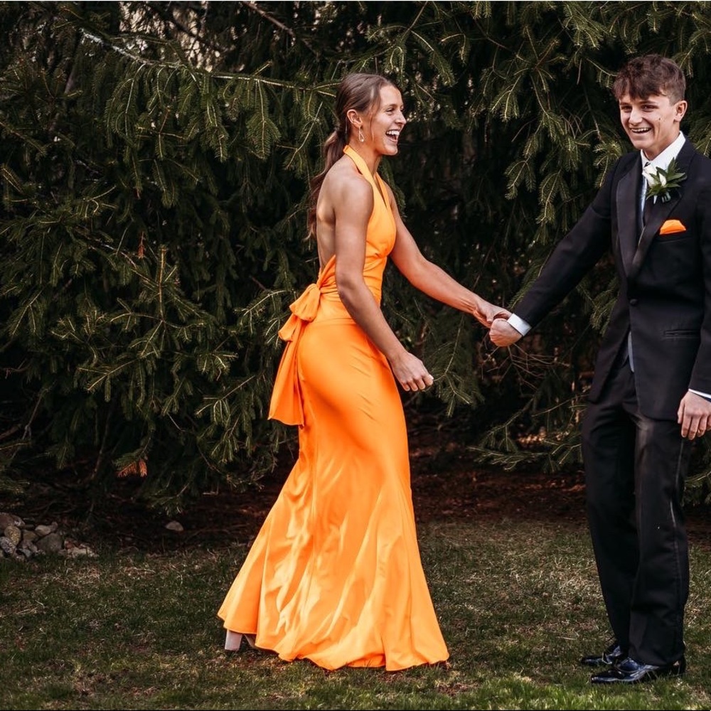 Orange Deep V Backless Prom Dress